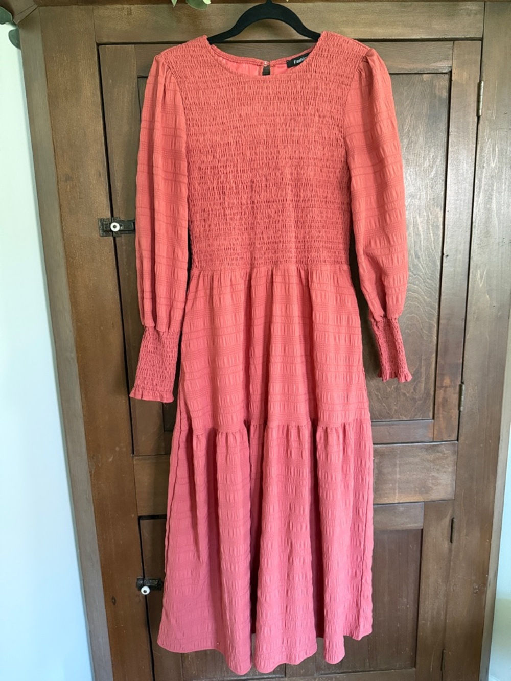Women's Long Sleeve Smocked Coral Midi Dress
